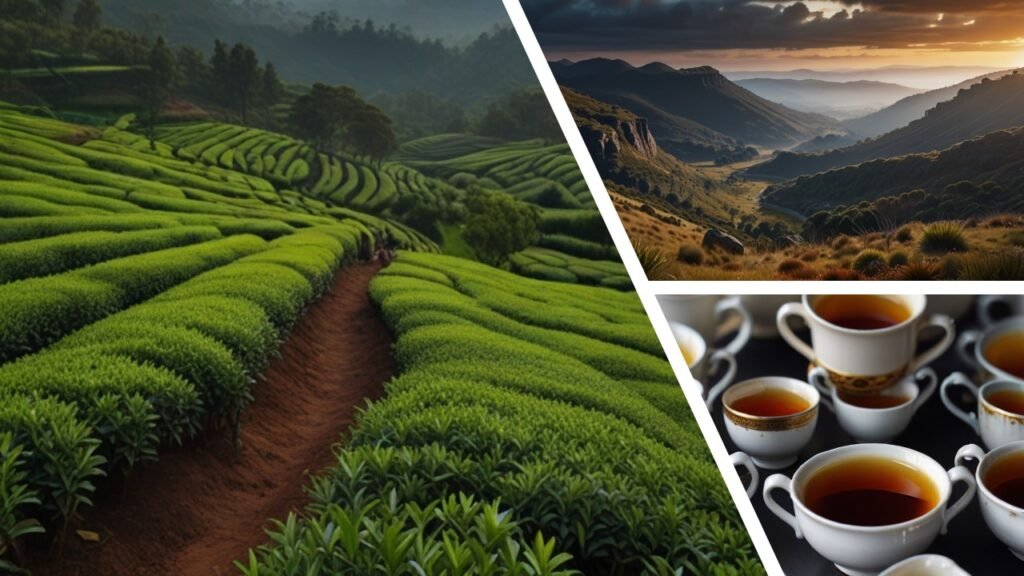 Composite picture made of tea plantations, mountains and cups of tea in Sri Lanka