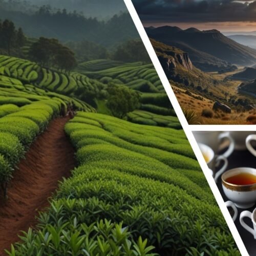 Composite picture made of tea plantations, mountains and cups of tea in Sri Lanka