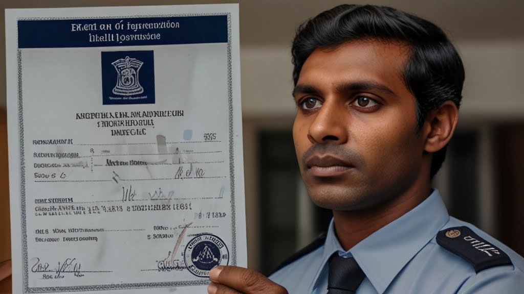 Immigration officer looking at the validity of a visa application for Sri Lanka Un officier de l'immigration scrute un formulaire de demande de visa pour le Sri Lanka