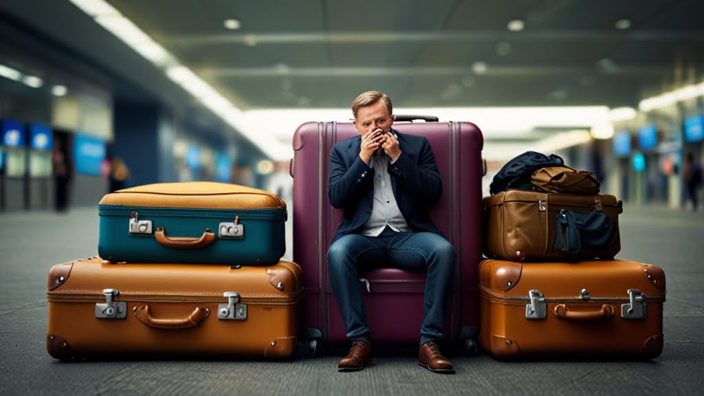 Man sitting down on his suitcases at the airport Un homme assis sur ses valises à l'aéroport