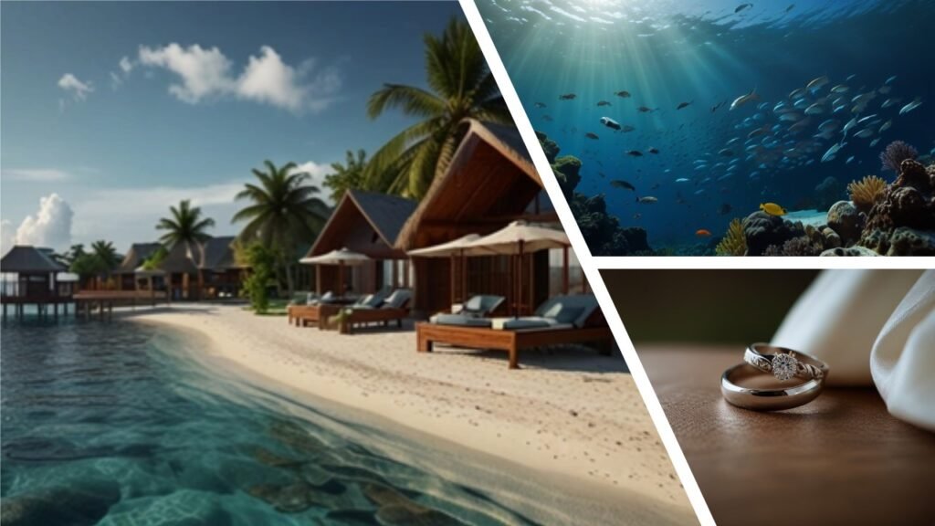 Another composite picture in the Maldives with hotel rooms, diving and wedding rings