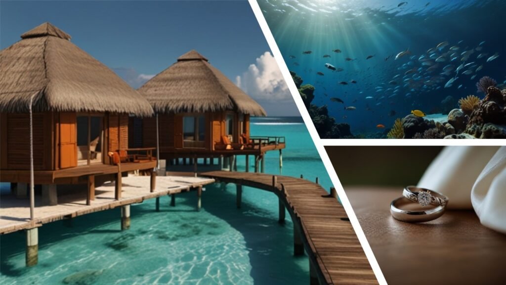 Another composite picture showing the Maldives with hotel rooms, diving and wedding rings Un autre image composée de trois parties avec une chambre d'hôtel, la plongée et des alliances