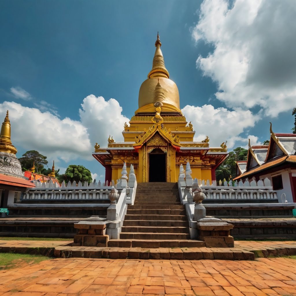 Bhuddist Temple Sri Lanka with golden top Vue d'un temple bouddhiste couvert d'or