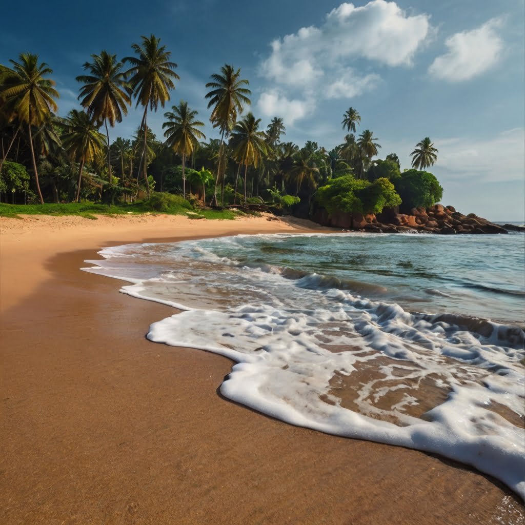 Beautiful golden sandy beach with foamy water Plage de sable doré au Sri Lanka avec de l'eau de mer